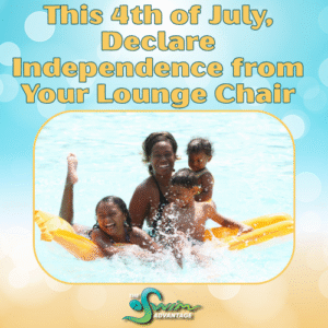 A mother and three kids happily playing in the pool